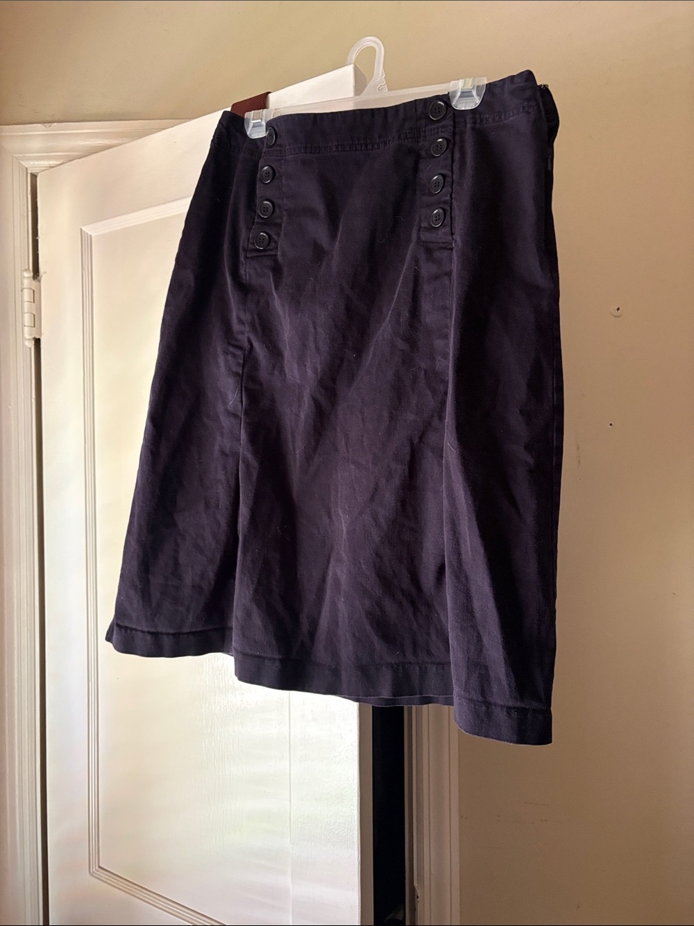 TravelSmith Navy A-Line Skirt with Double Button Tabs